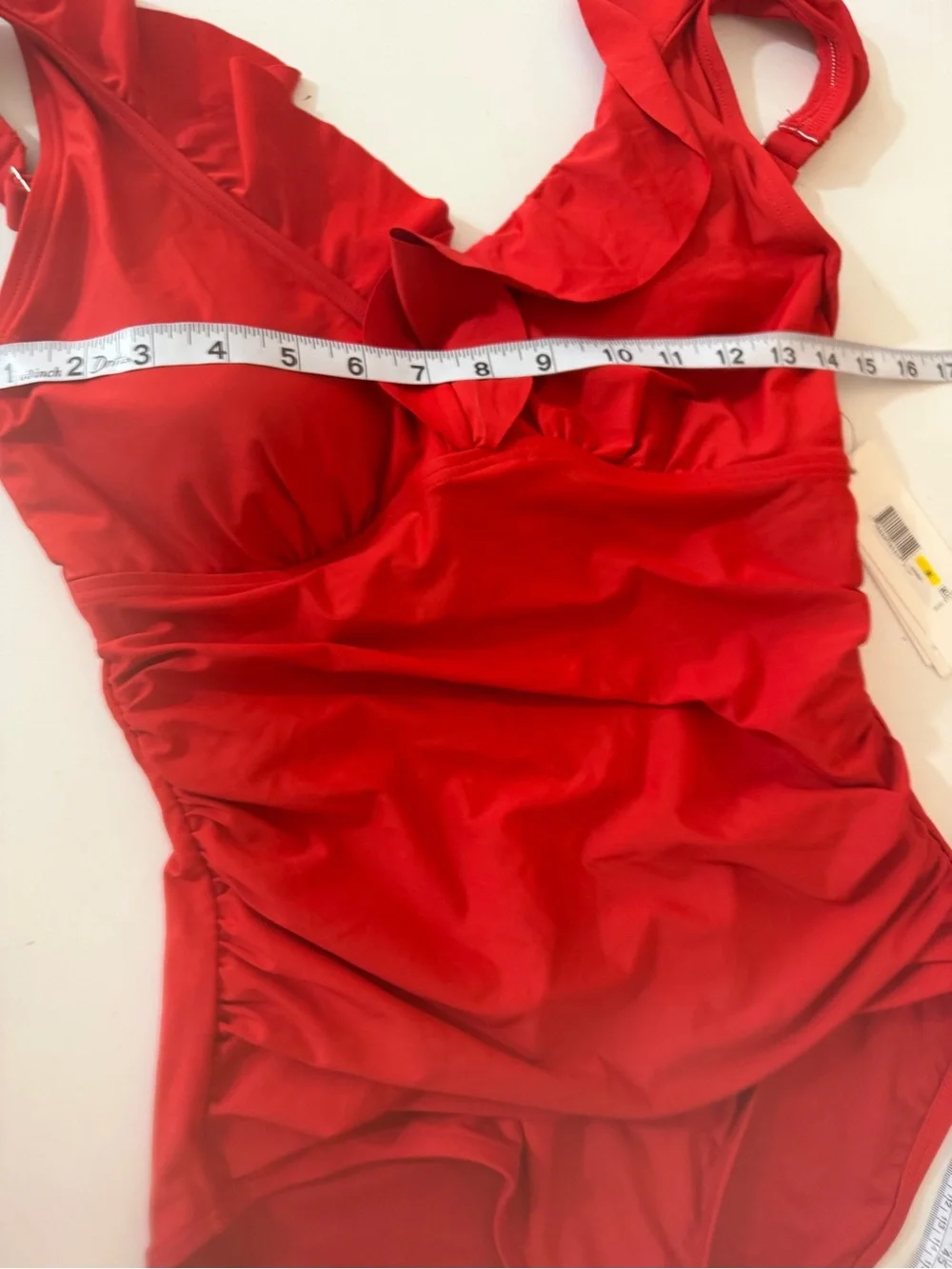 DKNY Red Ruffle Plunge Soft Cups Slimming Tummy Control One Piece Swimsuit NWT M - Picture 15 of 16